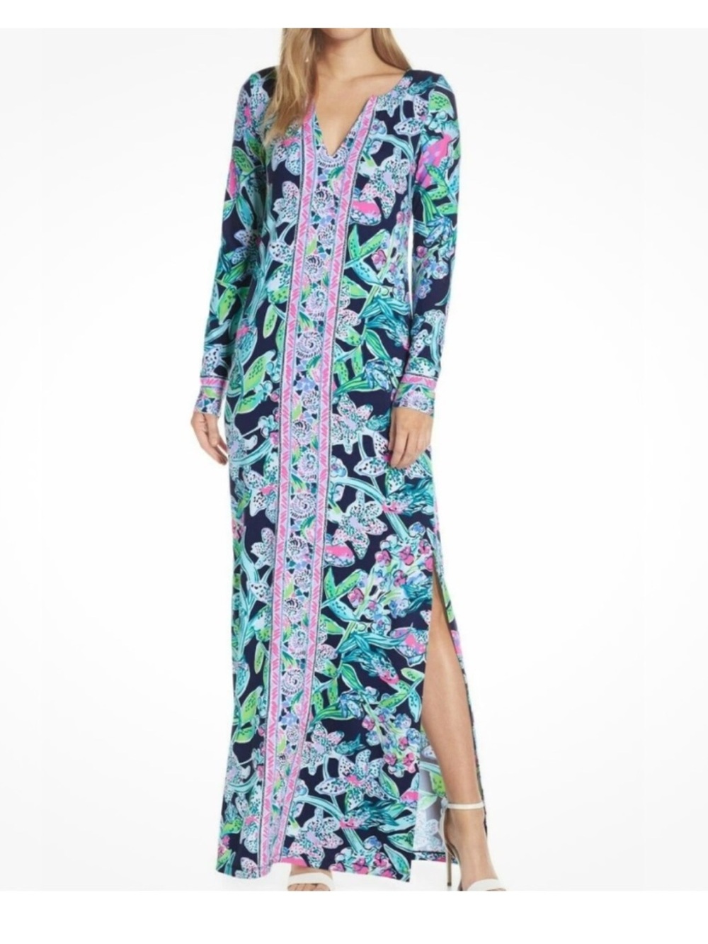 NWOT NEW Lilly Pulitzer UPF 50+ FAYE MAXI DRESS Bright Navy Sway This Way Size L - Picture 2 of 9